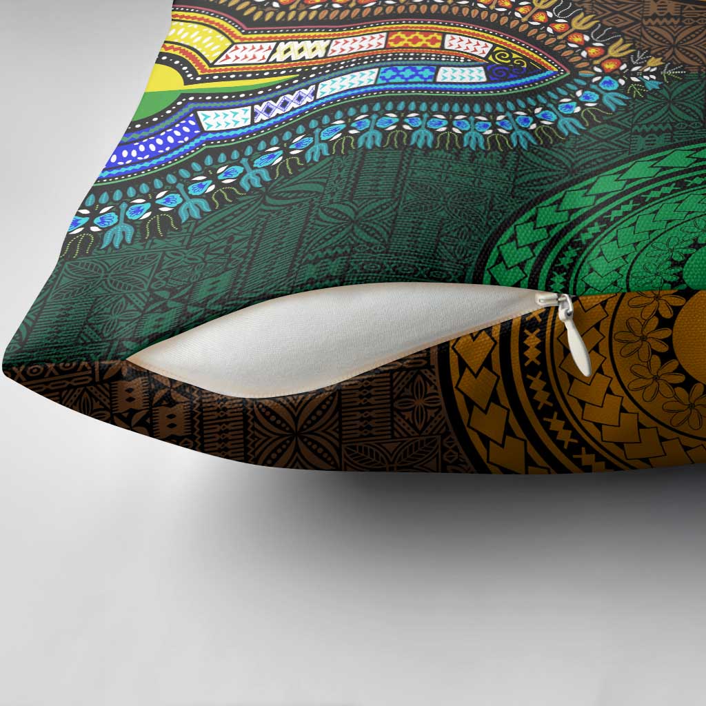 Green-gold Dashiki and Tapa Pattern Pillow Cover Africa-Polynesia Together Culture