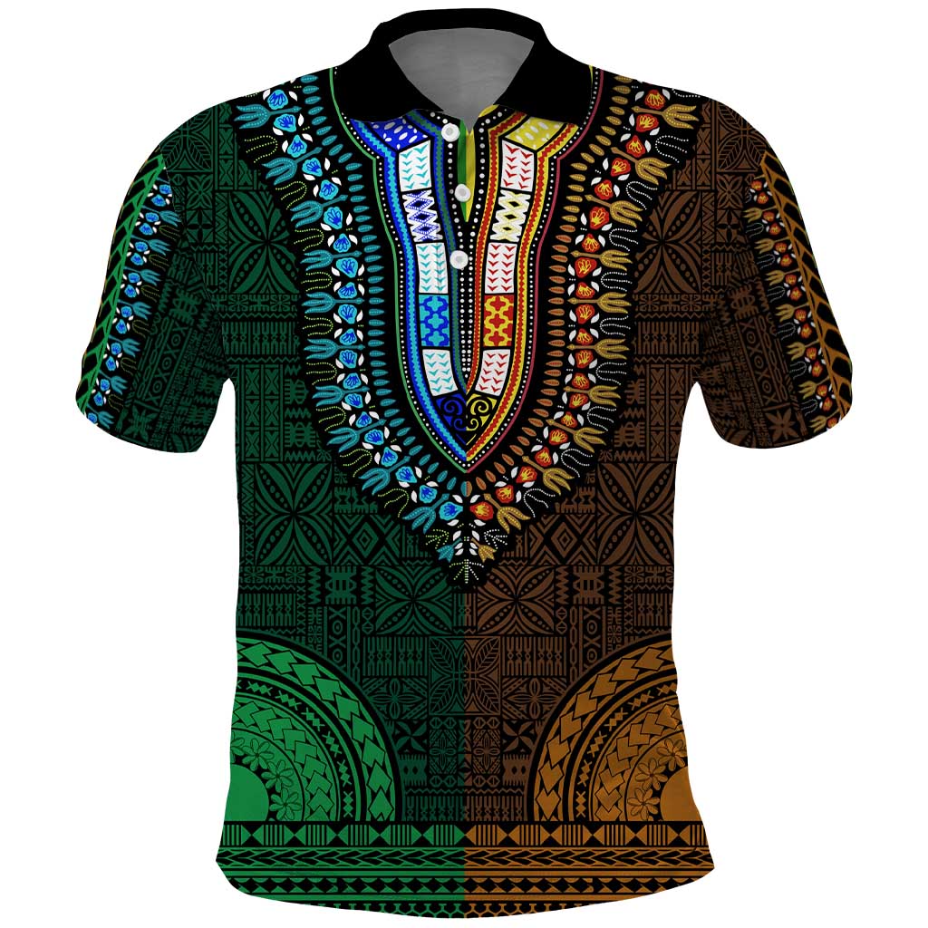 Green-gold Dashiki and Tapa Pattern Polo Shirt Africa-Polynesia Together Culture