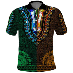 Green-gold Dashiki and Tapa Pattern Polo Shirt Africa-Polynesia Together Culture