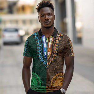 Green-gold Dashiki and Tapa Pattern Polo Shirt Africa-Polynesia Together Culture