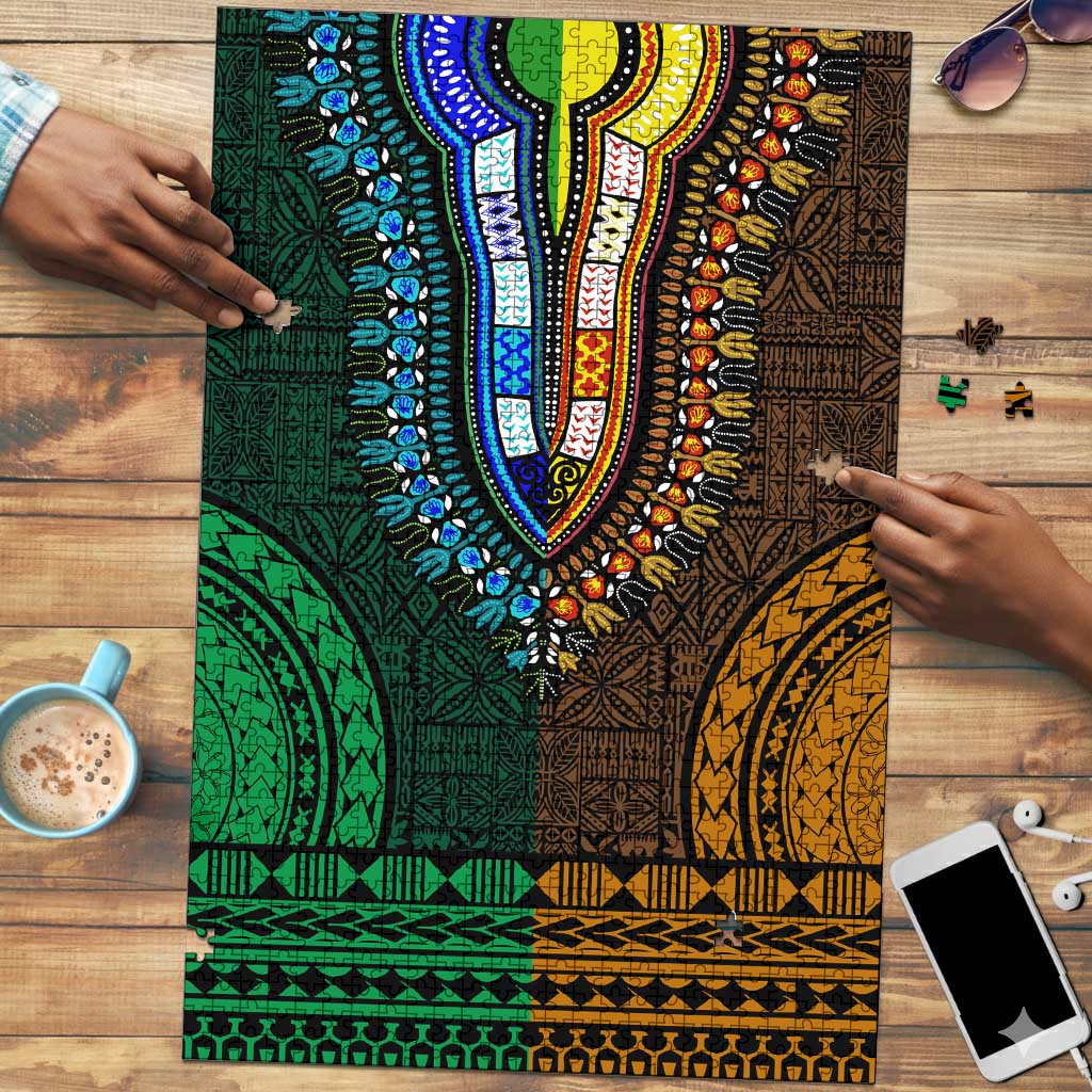 Green-gold Dashiki and Tapa Pattern Puzzle Africa-Polynesia Together Culture