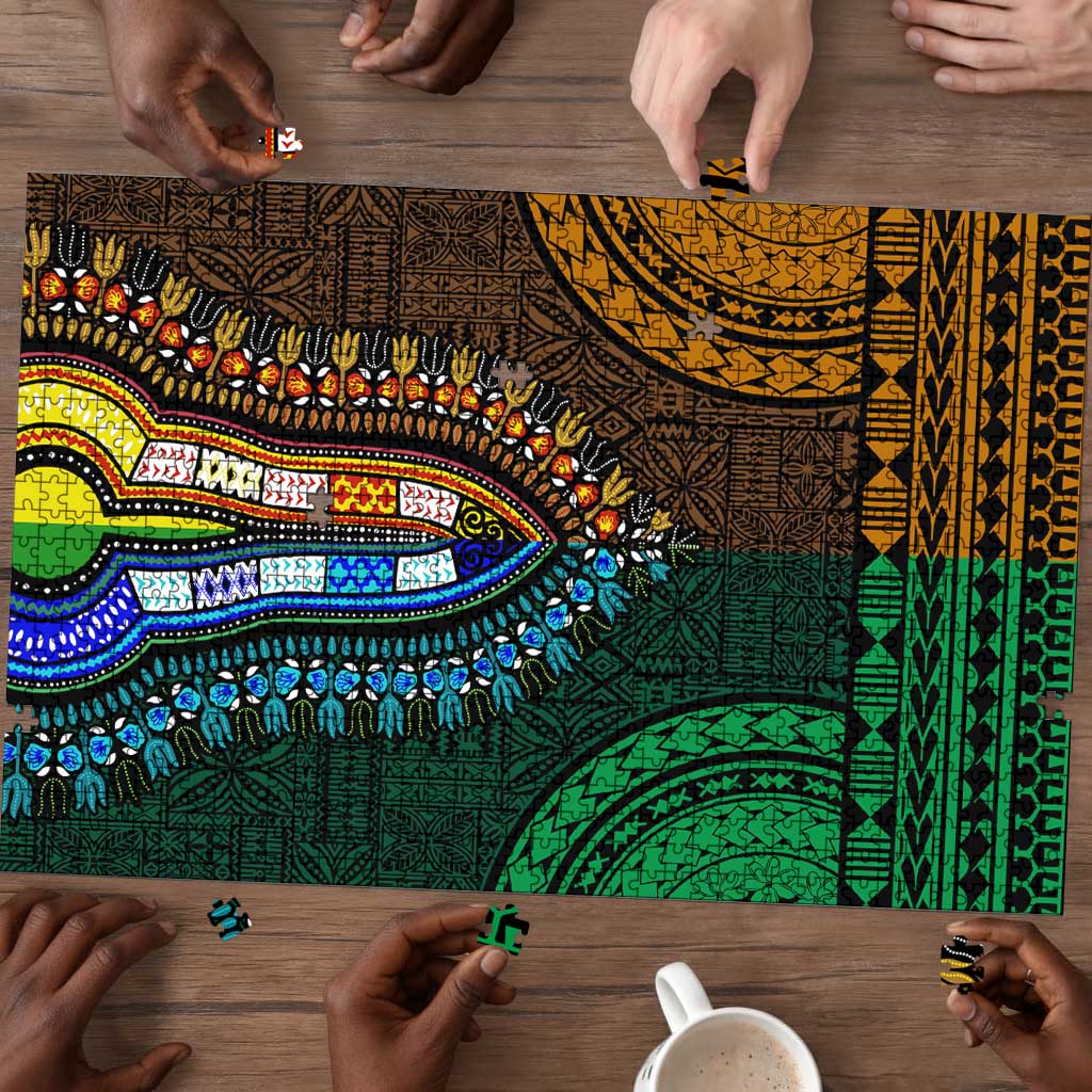 Green-gold Dashiki and Tapa Pattern Puzzle Africa-Polynesia Together Culture