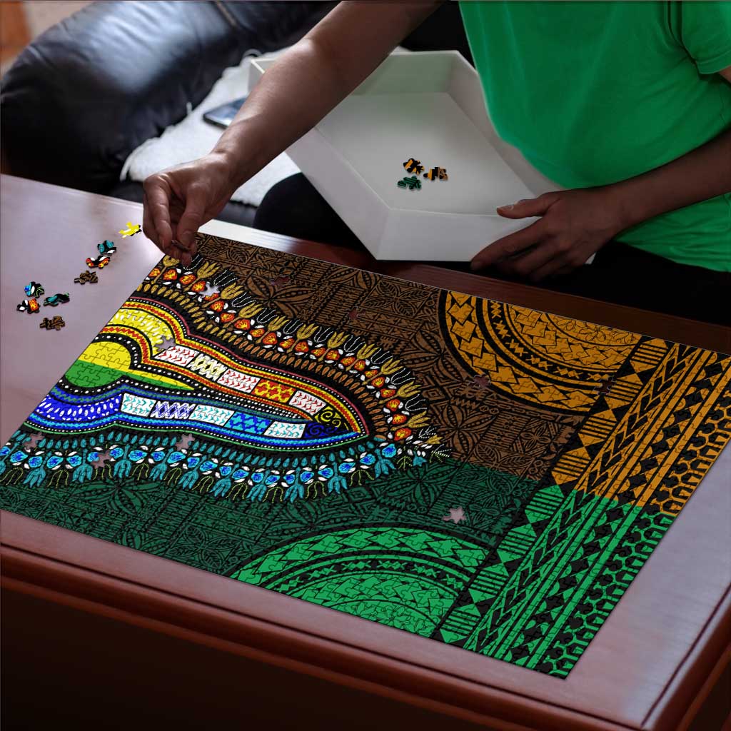 Green-gold Dashiki and Tapa Pattern Puzzle Africa-Polynesia Together Culture