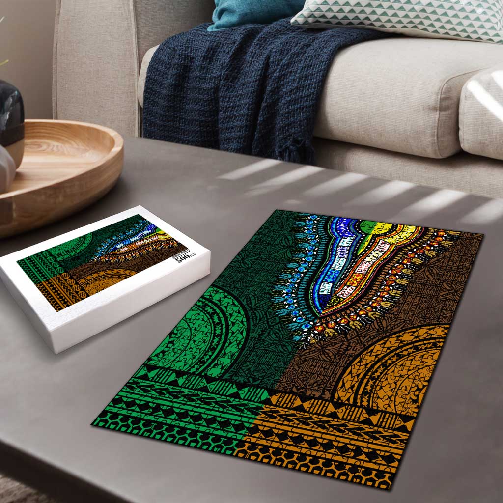 Green-gold Dashiki and Tapa Pattern Puzzle Africa-Polynesia Together Culture
