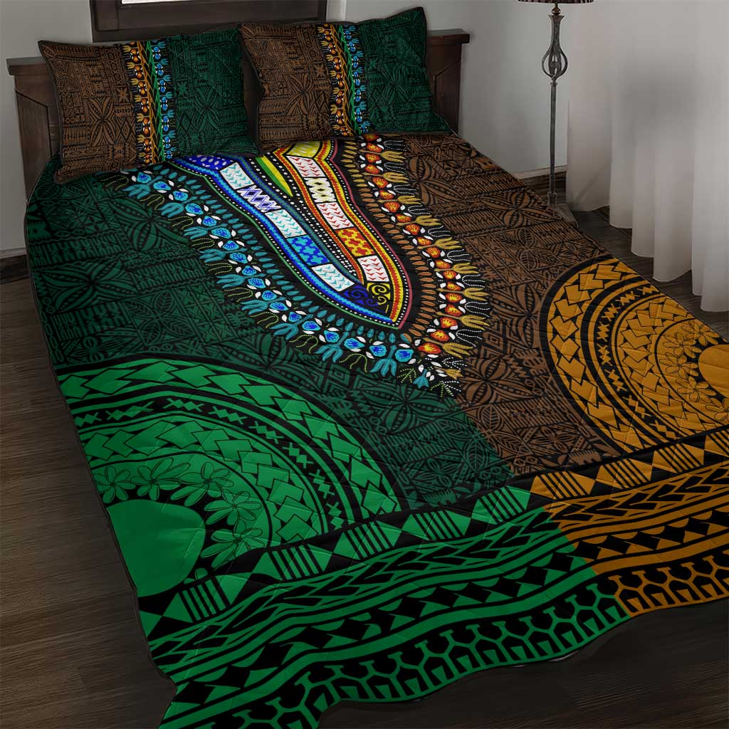 Green-gold Dashiki and Tapa Pattern Quilt Bed Set Africa-Polynesia Together Culture