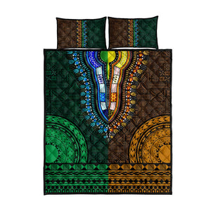 Green-gold Dashiki and Tapa Pattern Quilt Bed Set Africa-Polynesia Together Culture