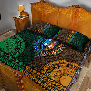 Green-gold Dashiki and Tapa Pattern Quilt Bed Set Africa-Polynesia Together Culture