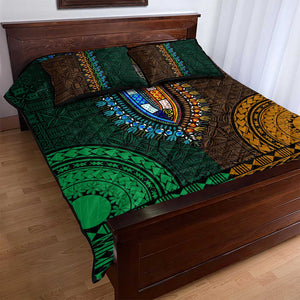 Green-gold Dashiki and Tapa Pattern Quilt Bed Set Africa-Polynesia Together Culture