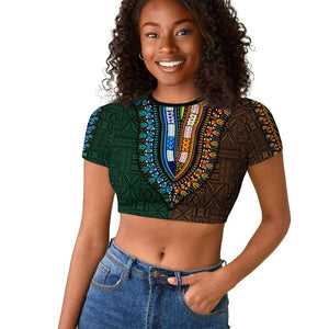 Green-gold Dashiki and Tapa Pattern Raglan Cropped T shirt Africa-Polynesia Together Culture