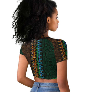 Green-gold Dashiki and Tapa Pattern Raglan Cropped T shirt Africa-Polynesia Together Culture