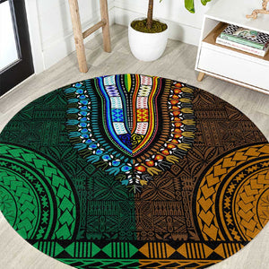 Green-gold Dashiki and Tapa Pattern Round Carpet Africa-Polynesia Together Culture