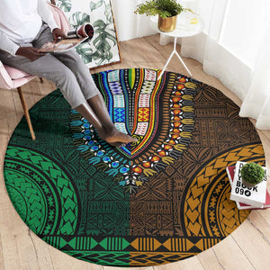 Green-gold Dashiki and Tapa Pattern Round Carpet Africa-Polynesia Together Culture