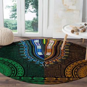 Green-gold Dashiki and Tapa Pattern Round Carpet Africa-Polynesia Together Culture