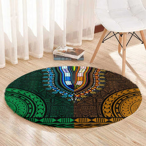 Green-gold Dashiki and Tapa Pattern Round Carpet Africa-Polynesia Together Culture