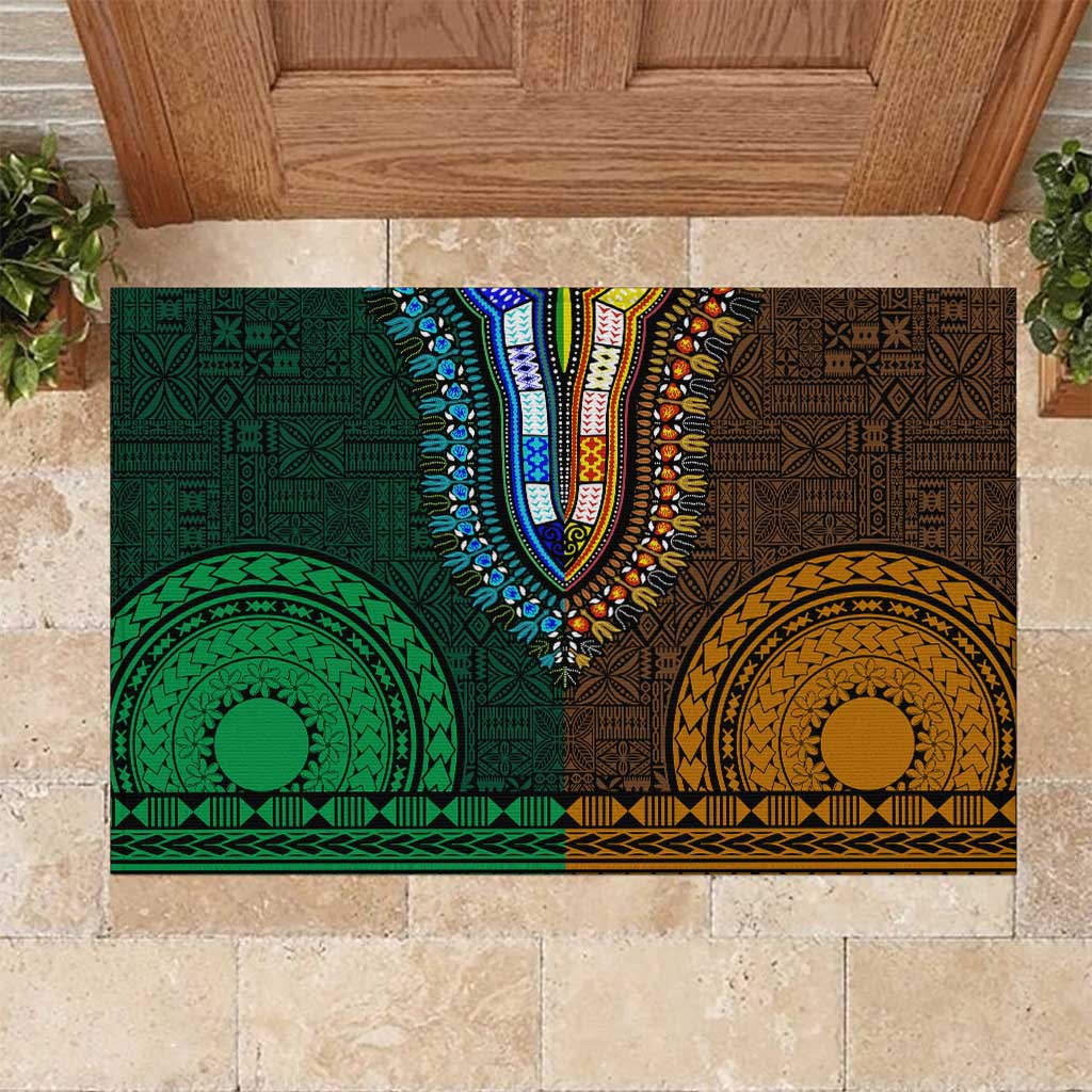 Green-gold Dashiki and Tapa Pattern Rubber Doormat Africa-Polynesia Together Culture