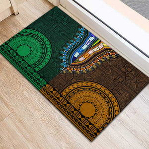 Green-gold Dashiki and Tapa Pattern Rubber Doormat Africa-Polynesia Together Culture