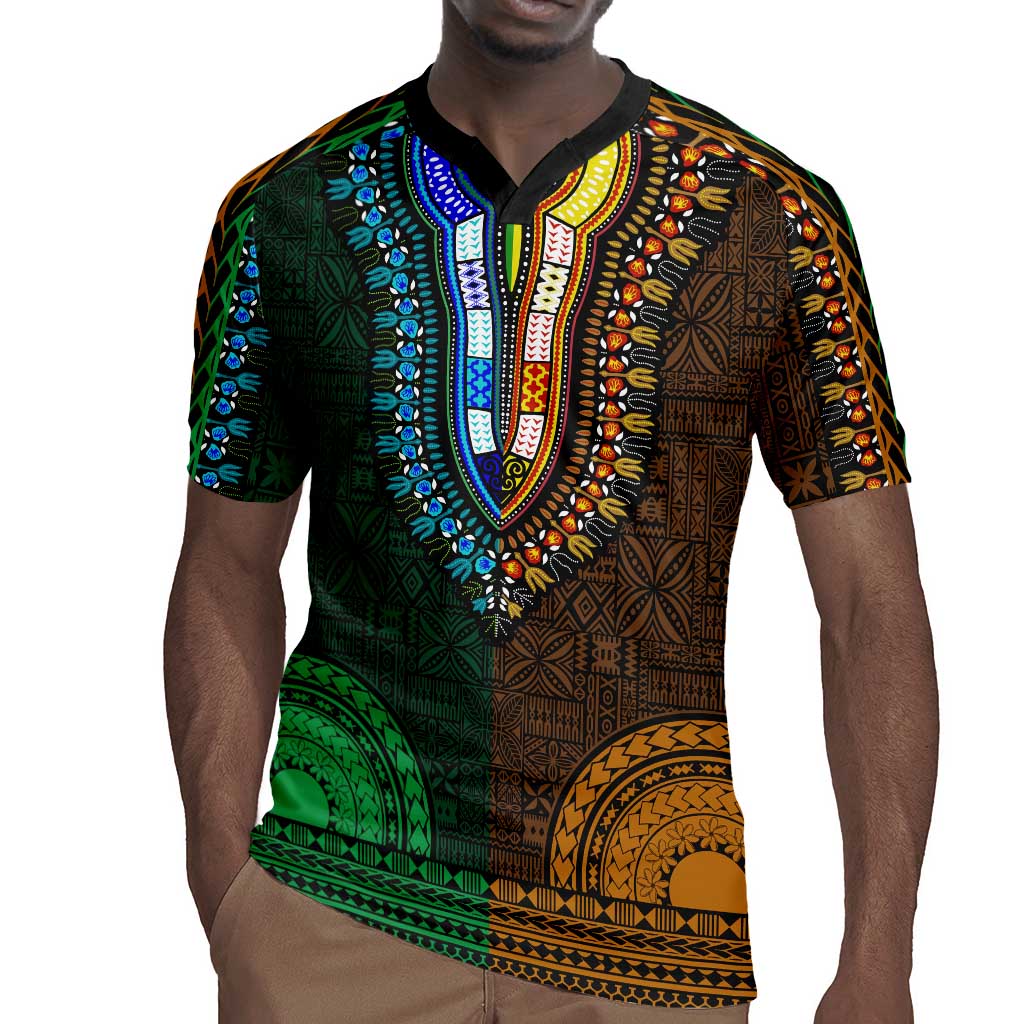 Green-gold Dashiki and Tapa Pattern Rugby Jersey Africa-Polynesia Together Culture