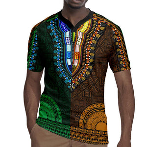 Green-gold Dashiki and Tapa Pattern Rugby Jersey Africa-Polynesia Together Culture