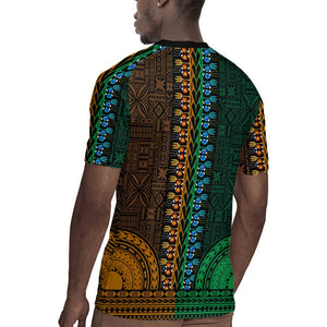 Green-gold Dashiki and Tapa Pattern Rugby Jersey Africa-Polynesia Together Culture