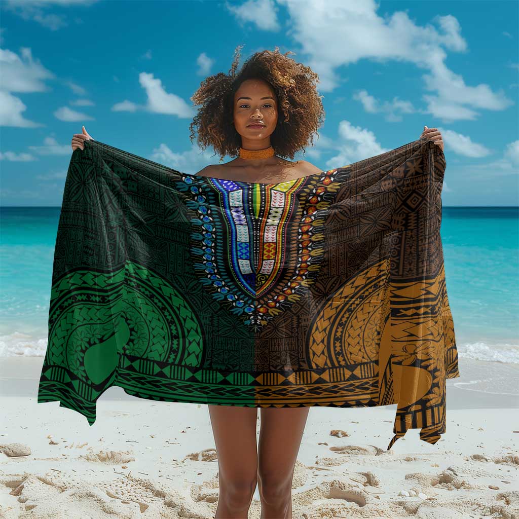 Green-gold Dashiki and Tapa Pattern Sarong Africa-Polynesia Together Culture