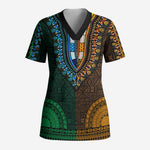 Green-gold Dashiki and Tapa Pattern Scrub Top Africa-Polynesia Together Culture
