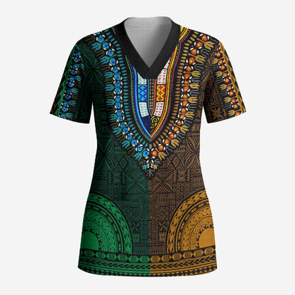 Green-gold Dashiki and Tapa Pattern Scrub Top Africa-Polynesia Together Culture