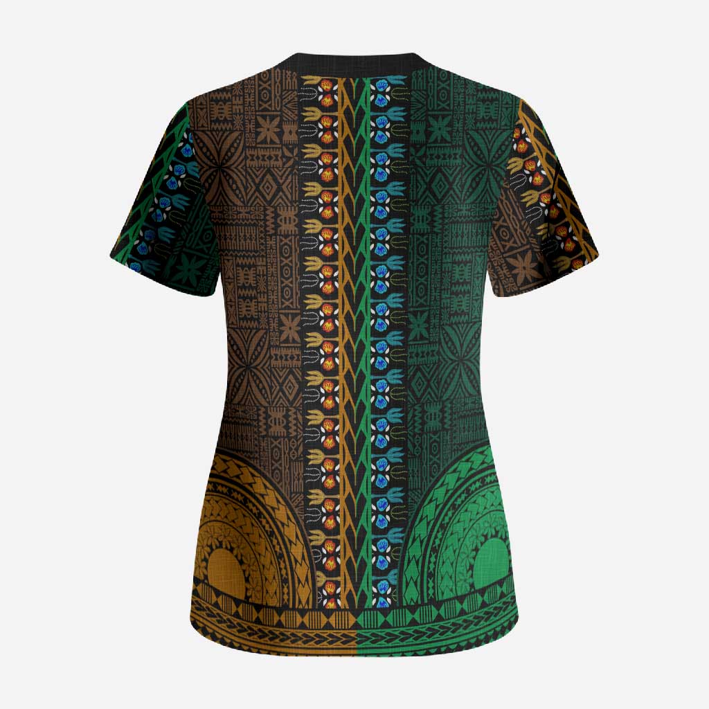 Green-gold Dashiki and Tapa Pattern Scrub Top Africa-Polynesia Together Culture