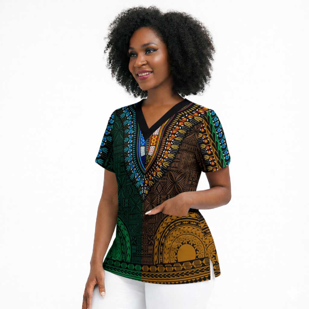 Green-gold Dashiki and Tapa Pattern Scrub Top Africa-Polynesia Together Culture