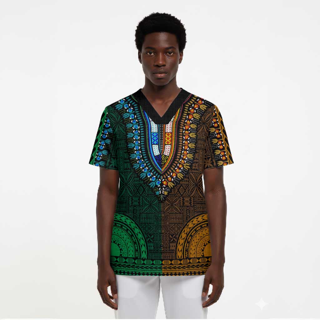 Green-gold Dashiki and Tapa Pattern Scrub Top Africa-Polynesia Together Culture