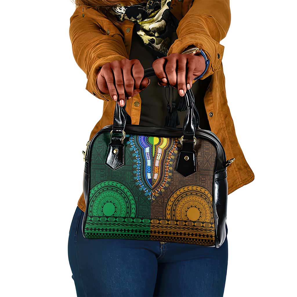 Green-gold Dashiki and Tapa Pattern Shoulder Handbag Africa-Polynesia Together Culture