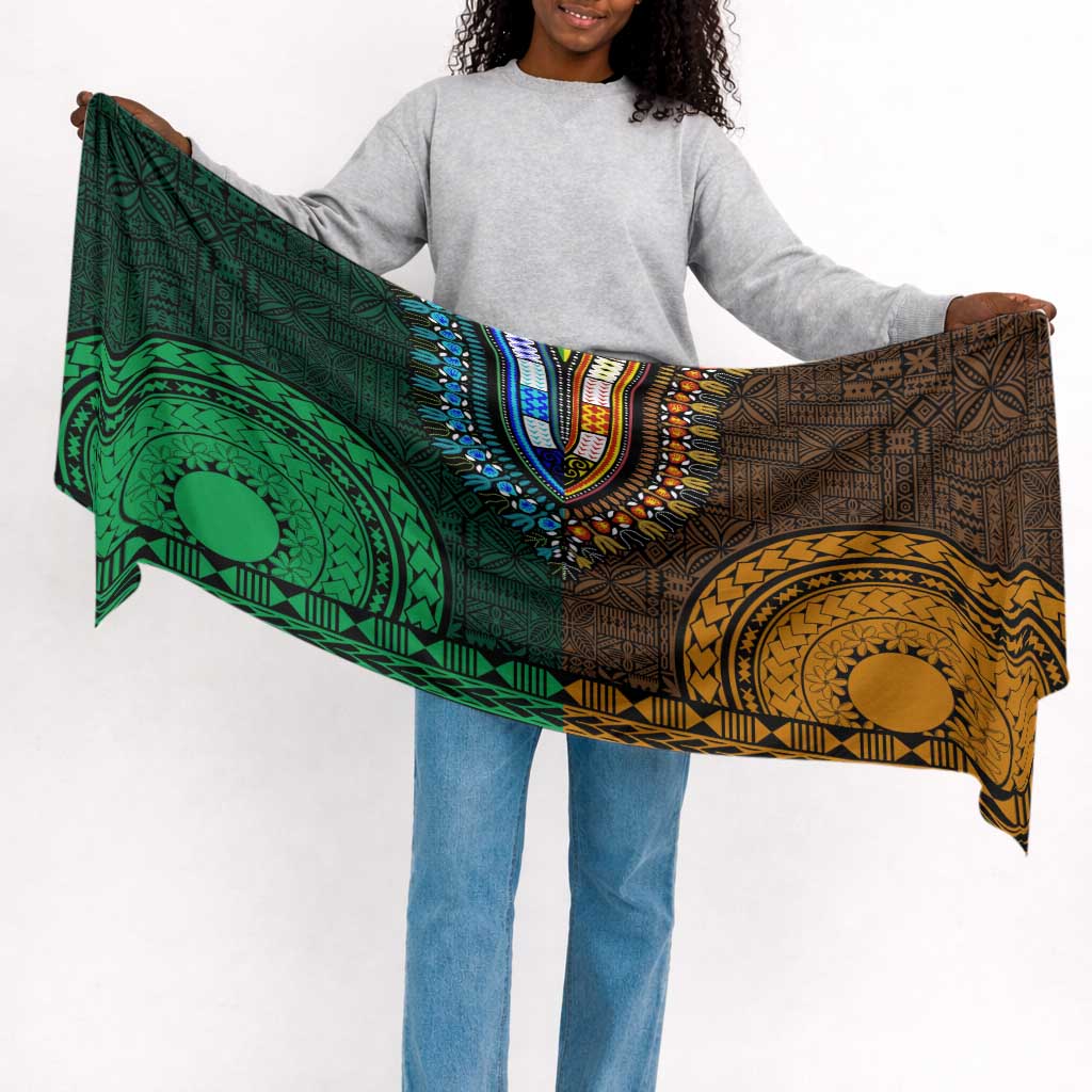 Green-gold Dashiki and Tapa Pattern Simple Headwrap Africa and Polynesia Together Culture