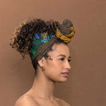 Green-gold Dashiki and Tapa Pattern Simple Headwrap Africa and Polynesia Together Culture