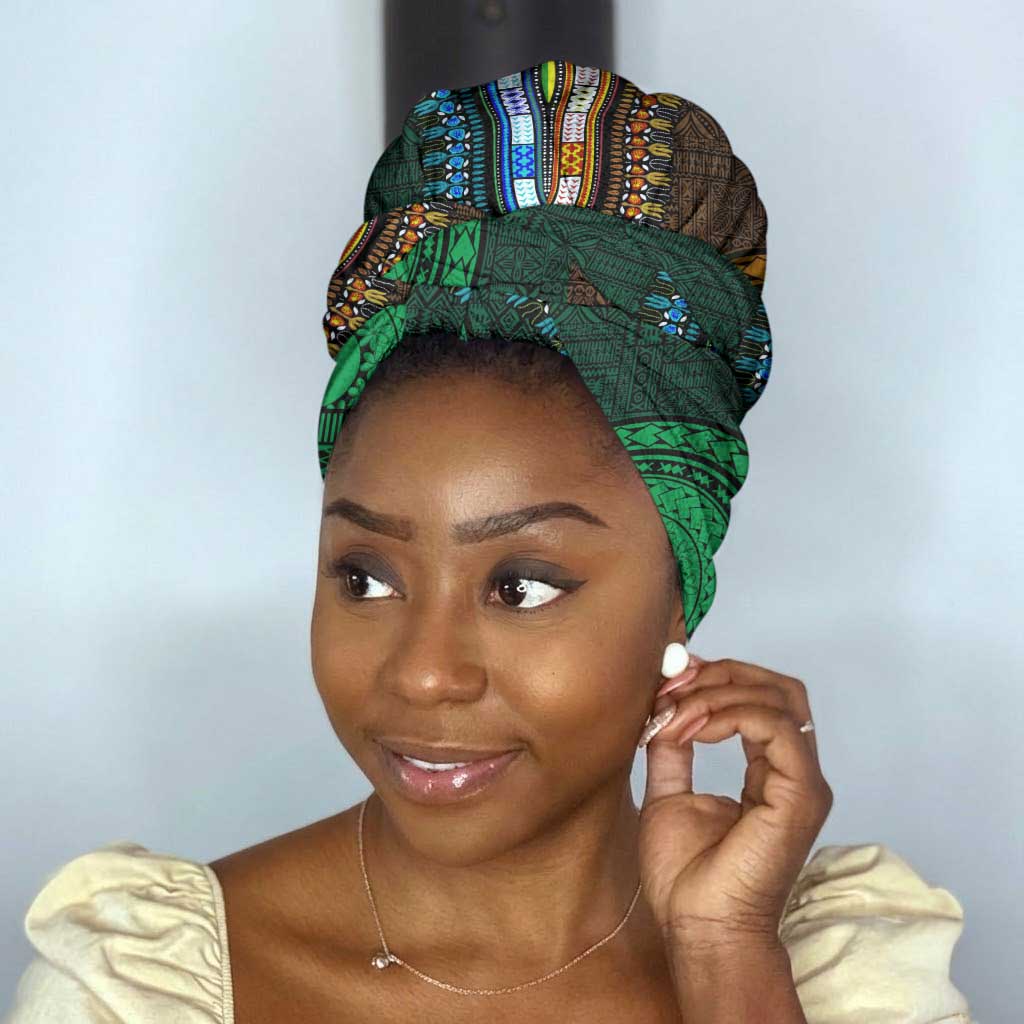 Green-gold Dashiki and Tapa Pattern Simple Headwrap Africa and Polynesia Together Culture
