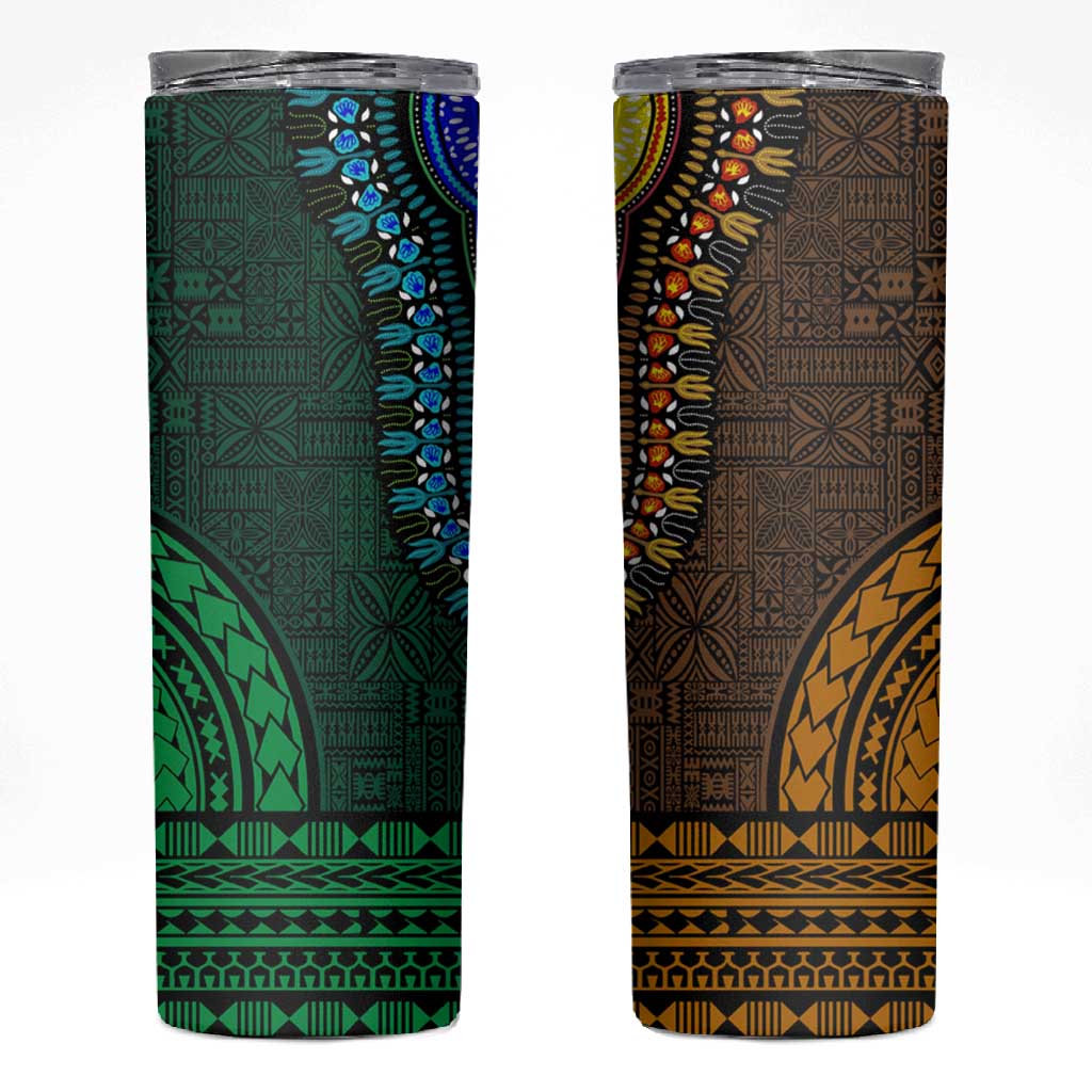 Green-gold Dashiki and Tapa Pattern Skinny Tumbler Africa-Polynesia Together Culture