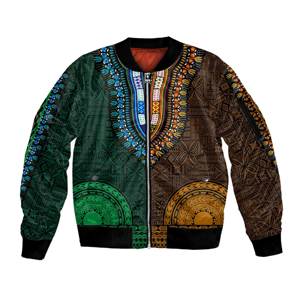 Green-gold Dashiki and Tapa Pattern Sleeve Zip Bomber Jacket Africa-Polynesia Together Culture