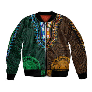 Green-gold Dashiki and Tapa Pattern Sleeve Zip Bomber Jacket Africa-Polynesia Together Culture