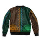 Green-gold Dashiki and Tapa Pattern Sleeve Zip Bomber Jacket Africa-Polynesia Together Culture