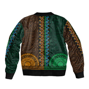 Green-gold Dashiki and Tapa Pattern Sleeve Zip Bomber Jacket Africa-Polynesia Together Culture