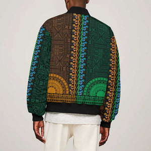 Green-gold Dashiki and Tapa Pattern Sleeve Zip Bomber Jacket Africa-Polynesia Together Culture