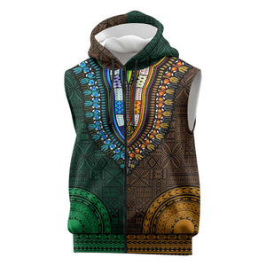 Green-gold Dashiki and Tapa Pattern Sleeveless Zip Hoodie Africa-Polynesia Together Culture - African Pride