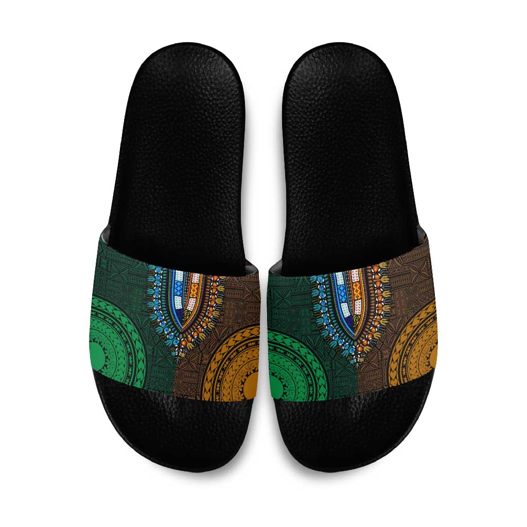 Green-gold Dashiki and Tapa Pattern Slide Sandals Africa-Polynesia Together Culture