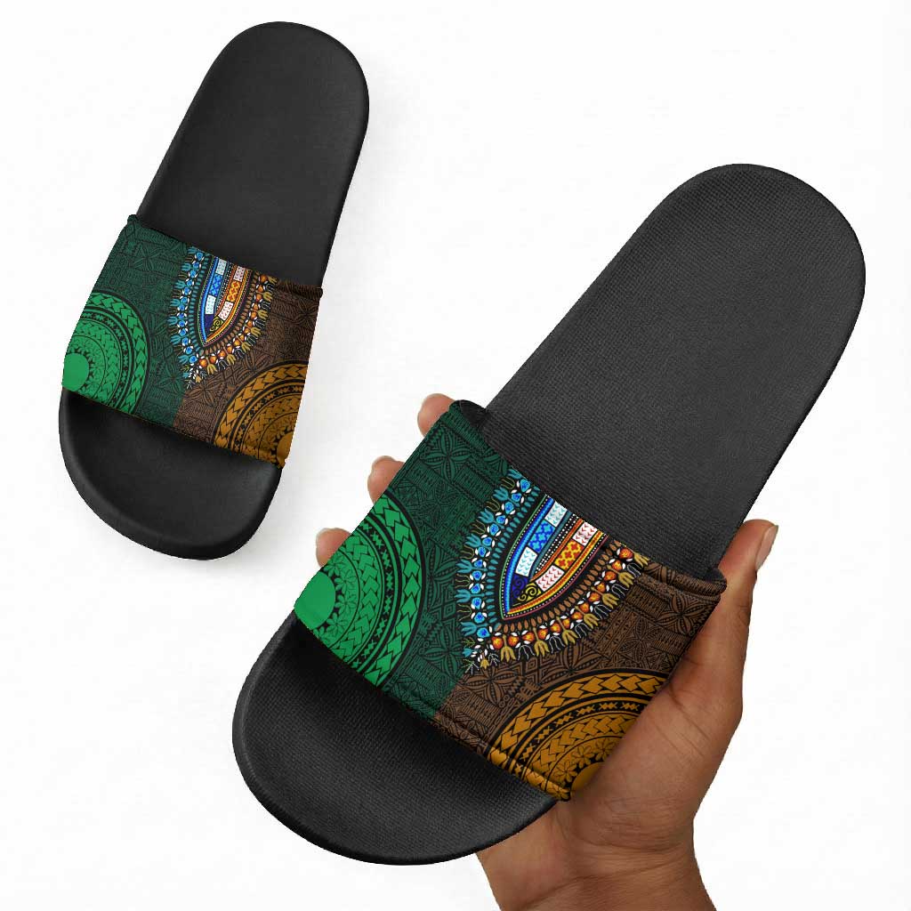 Green-gold Dashiki and Tapa Pattern Slide Sandals Africa-Polynesia Together Culture