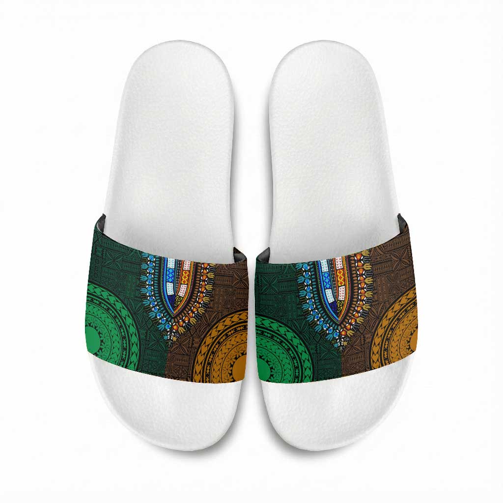 Green-gold Dashiki and Tapa Pattern Slide Sandals Africa-Polynesia Together Culture