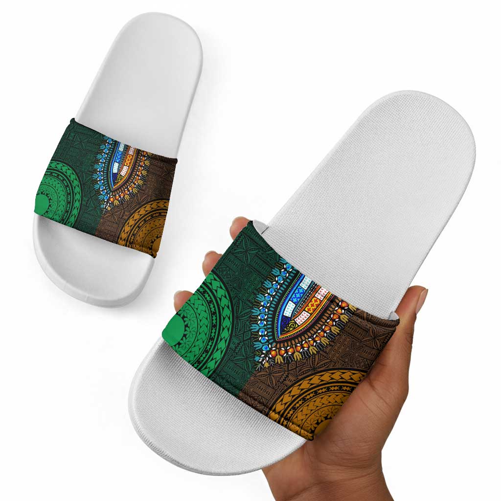 Green-gold Dashiki and Tapa Pattern Slide Sandals Africa-Polynesia Together Culture