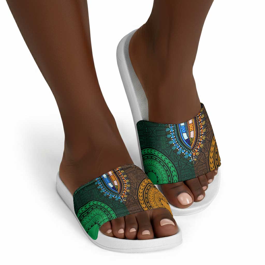 Green-gold Dashiki and Tapa Pattern Slide Sandals Africa-Polynesia Together Culture
