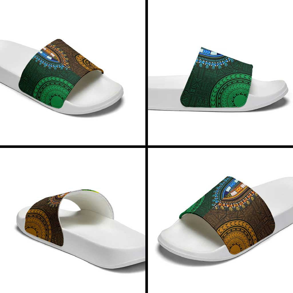 Green-gold Dashiki and Tapa Pattern Slide Sandals Africa-Polynesia Together Culture