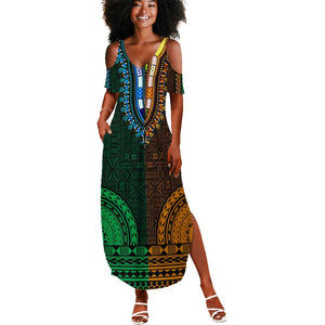 Green-gold Dashiki and Tapa Pattern Summer Maxi Dress Africa-Polynesia Together Culture