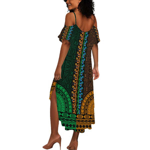 Green-gold Dashiki and Tapa Pattern Summer Maxi Dress Africa-Polynesia Together Culture