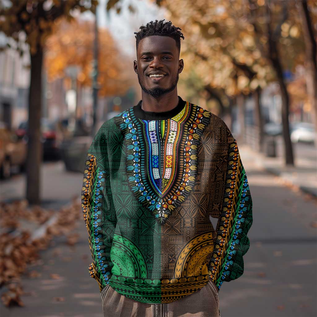 Green-gold Dashiki and Tapa Pattern Sweatshirt Africa-Polynesia Together Culture