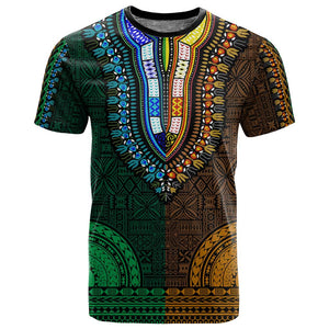 Green-gold Dashiki and Tapa Pattern T shirt Africa-Polynesia Together Culture